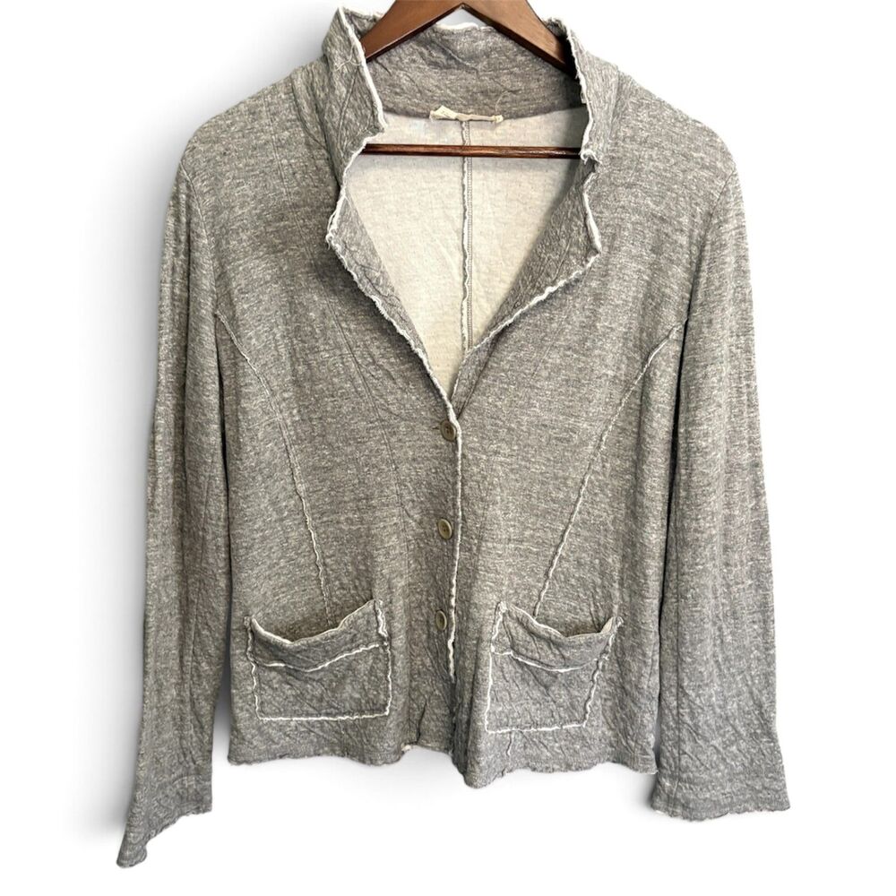 Eileen Fisher Gray Organic Cotton Distressed Raw Edge Jacket Cardigan Boho M